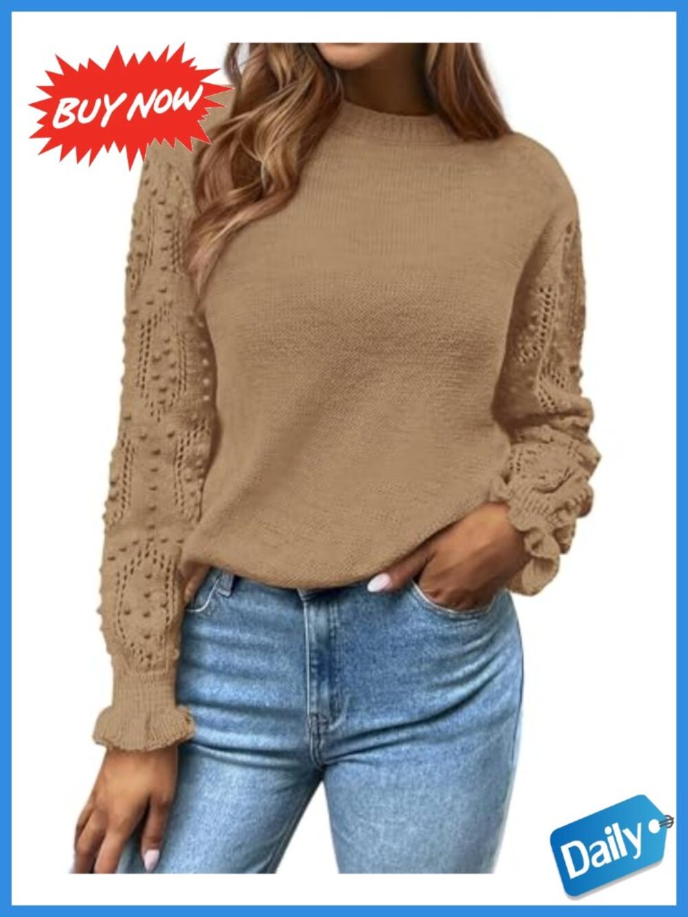 Women's Crochet Hollow Out Ruffle Cuff Crewneck Pullover Sweater